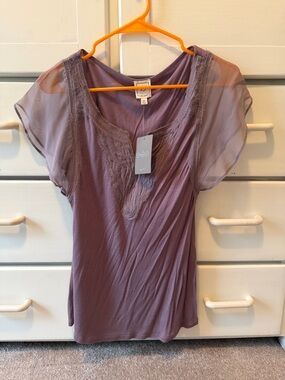 Anthropologie Lavender Lace Trim Flutter Sleeve Top